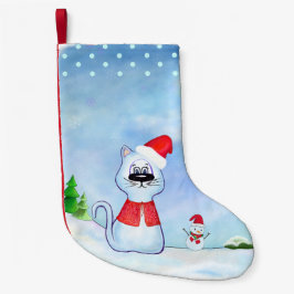 Vattenfärgsblå katt Jultomten, julvinter Liten Julstrumpa