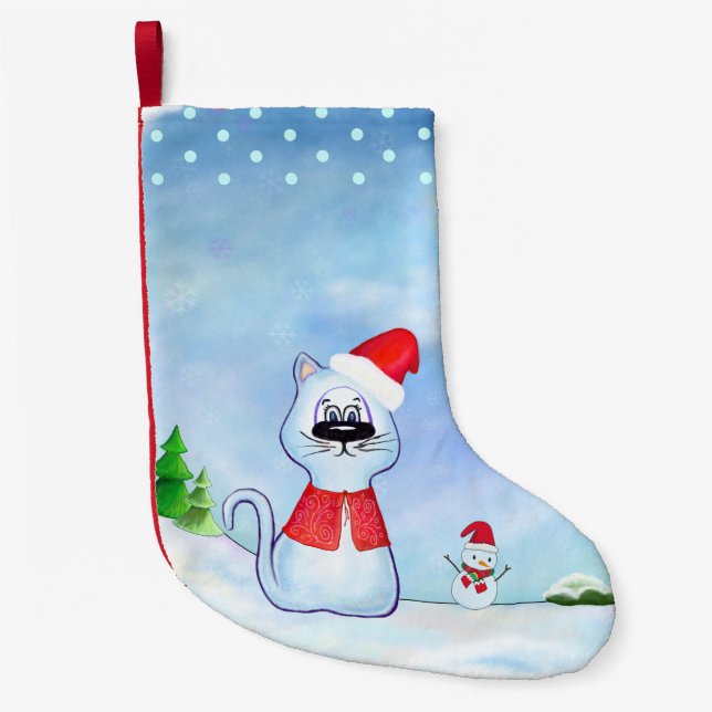 Vattenfärgsblå katt Jultomten, julvinter Liten Julstrumpa (Framsidan)