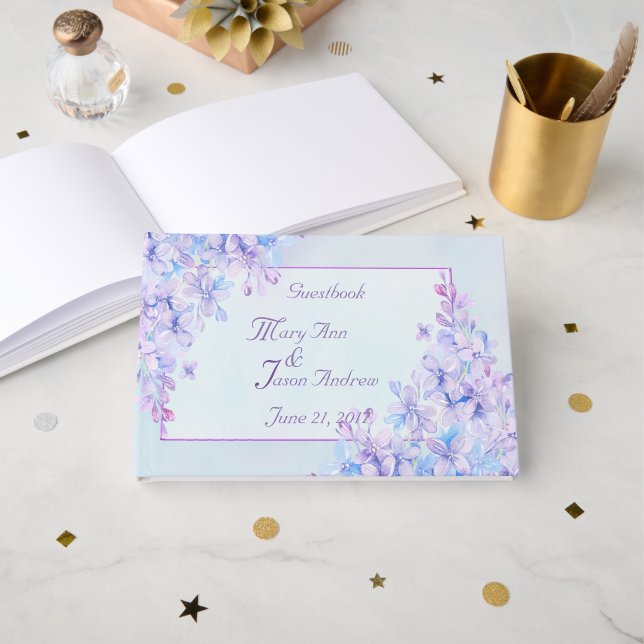 Vattenfärgsblå Lila Lilac Flower Guestbook Gästböcker (Framsida öppen)