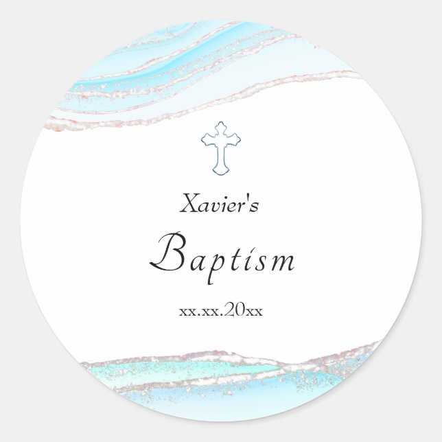 vattenfärgsblå marmor Baptism Runt Klistermärke (Framsida)