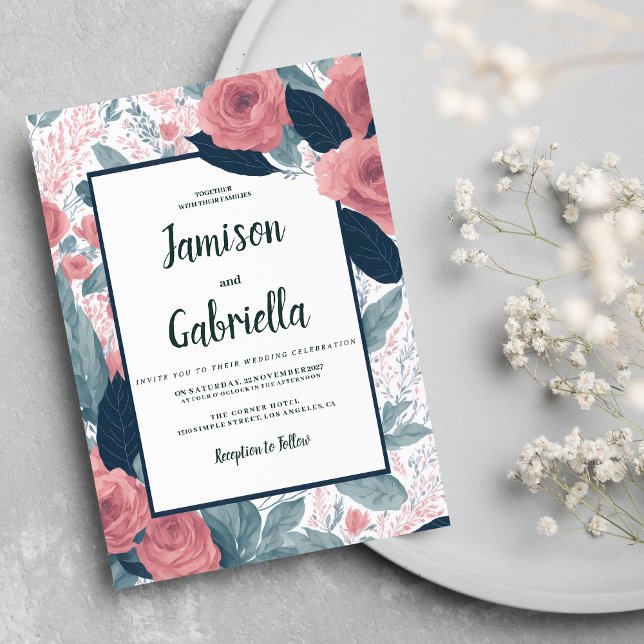 Vattenfärgsblå mauve rosa blommigt Bröllop Inbjudningar (Watercolor navy blue mauve pink floral Wedding )