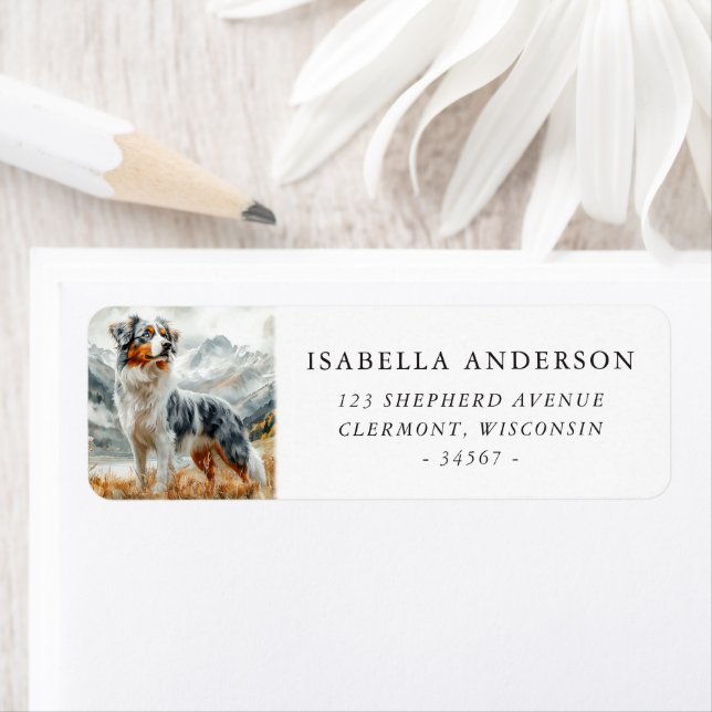 Vattenfärgsblå Merle Australian shepherd Returadress Etikett (Insitu)