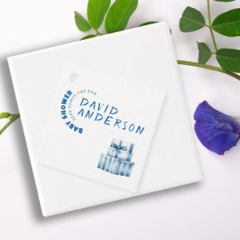 Vattenfärgsblå minimalistisk babyduschpojke gåvor etiketter