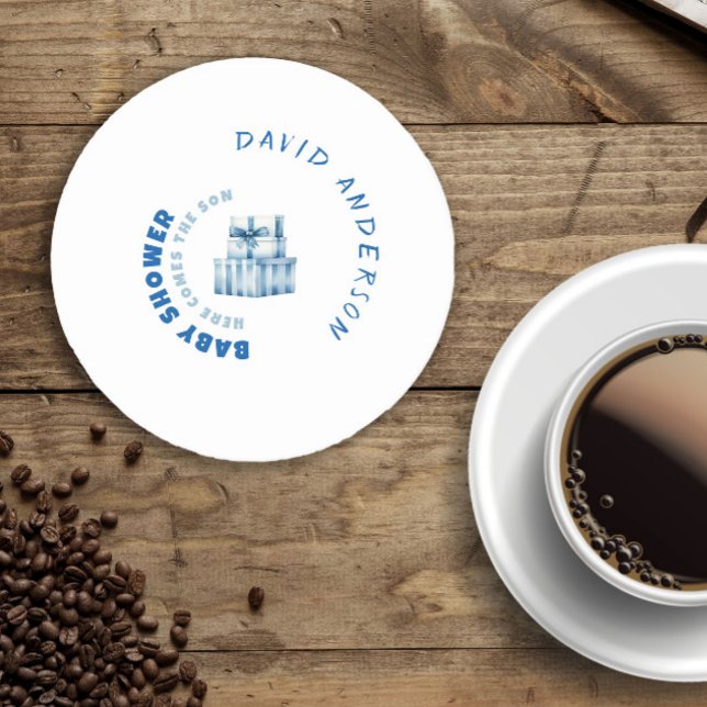 Vattenfärgsblå minimalistisk babyduschpojke underlägg papper rund (Skapare uppladdad)