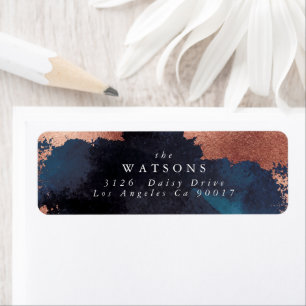 Vattenfärgsblå Moody Ro Guld Bröllop Returadress Etikett