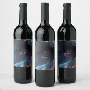 Vattenfärgsblå Moody Ro Guld Bröllop Vinflaska Etikett