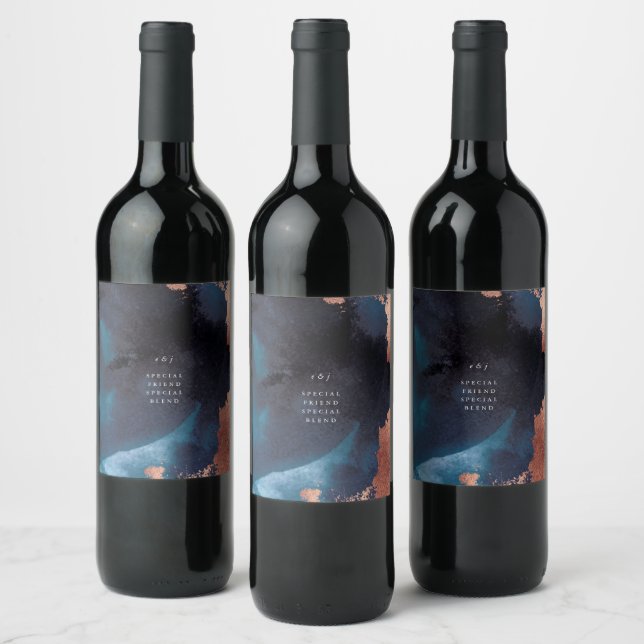 Vattenfärgsblå Moody Ro Guld Bröllop Vinflaska Etikett (Flaskor)