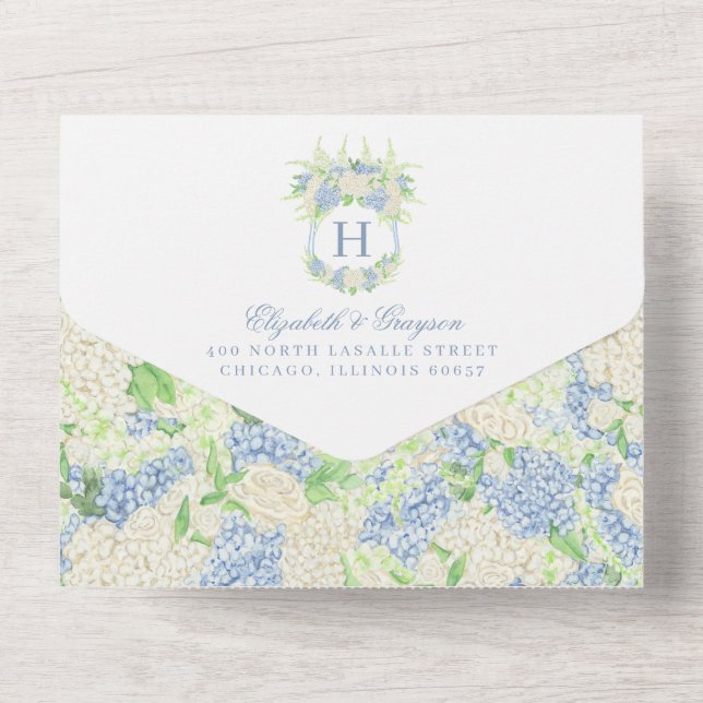Vattenfärgsblå och vit Hydrangea Vapensköld Bröllo (Baksida)