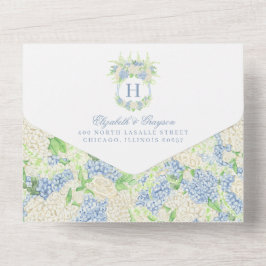 Vattenfärgsblå och vit Hydrangea Vapensköld Bröllo