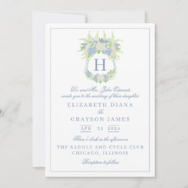 Vattenfärgsblå och vit Hydrangea Vapensköld Bröllo Inbjudningar