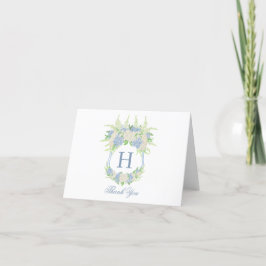 Vattenfärgsblå och vit Hydrangea Vapensköld Bröllo Tack Kort