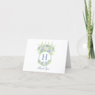 Vattenfärgsblå och vit Hydrangea Vapensköld Bröllo Tack Kort