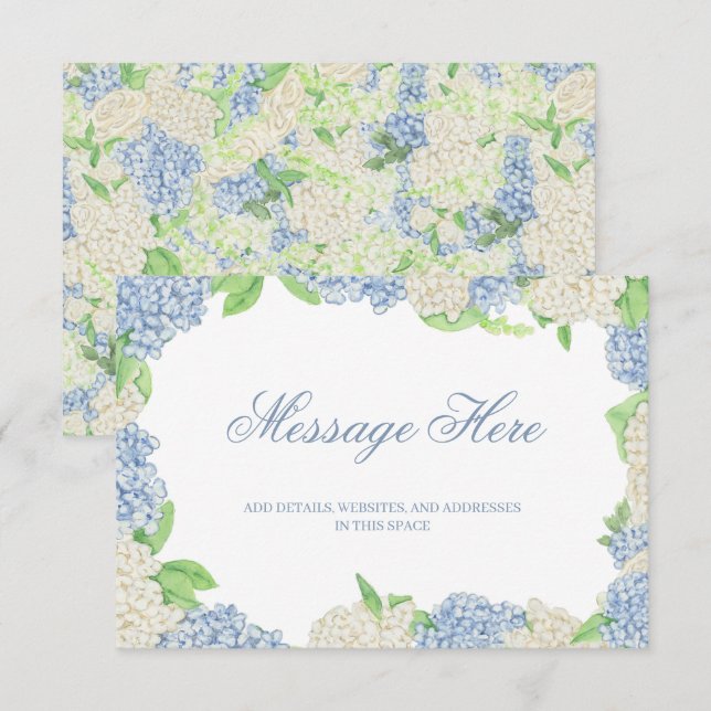 Vattenfärgsblå och vit Hydrangea Vapensköld Bröllo Tilläggskort (Fram/baksida)