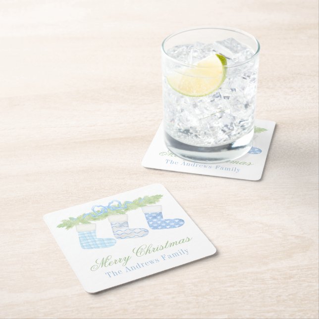 Vattenfärgsblå och vit julklapp underlägg papper kvadrat (Insitu)