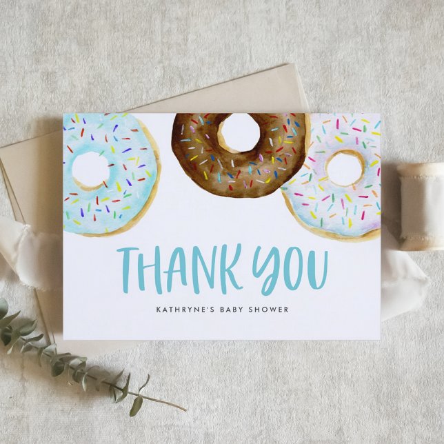 Vattenfärgsblå och vita donuts Baby-sprinkle Tack Kort (Customizable thank you card featuring watercolor sprinkles donuts. Perfect for all events. )