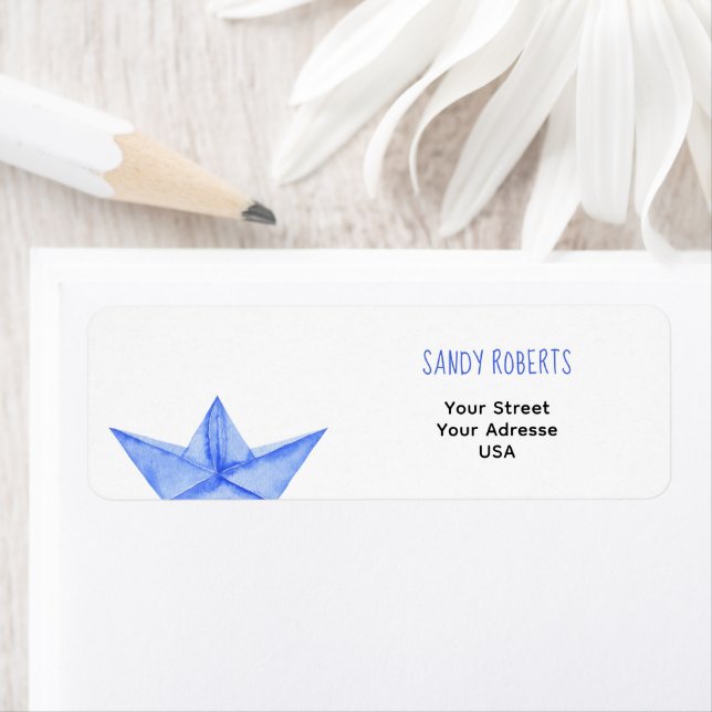 Vattenfärgsblå papper båt - Returadressetikett Returadress Etikett (Insitu)