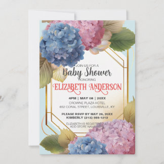 Vattenfärgsblå Rosa Hydrangea Baby Shower Anpassni Inbjudningar