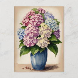 Vattenfärgsblå Rosa Lila Hydrangea Flower Vykort