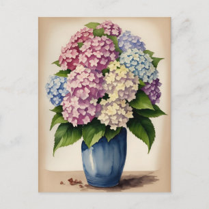 Vattenfärgsblå Rosa Lila Hydrangea Flower Vykort