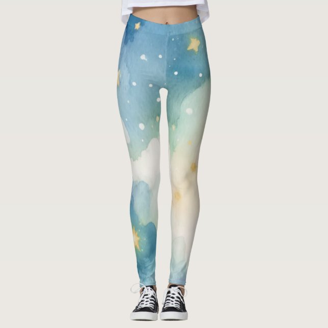 Vattenfärgsblå Starry Himlar Leggings (Framsida)