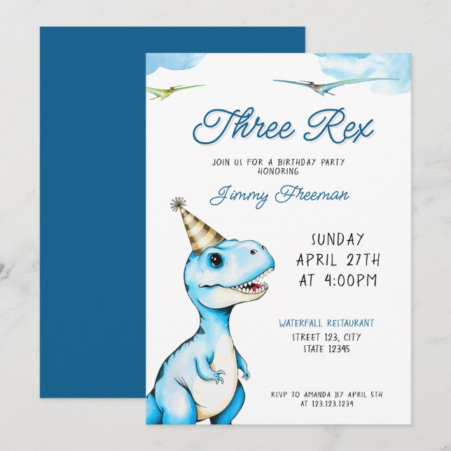 Vattenfärgsblå tre Rex Dinosaur Birthday Inbjudningar (Fram/baksida)