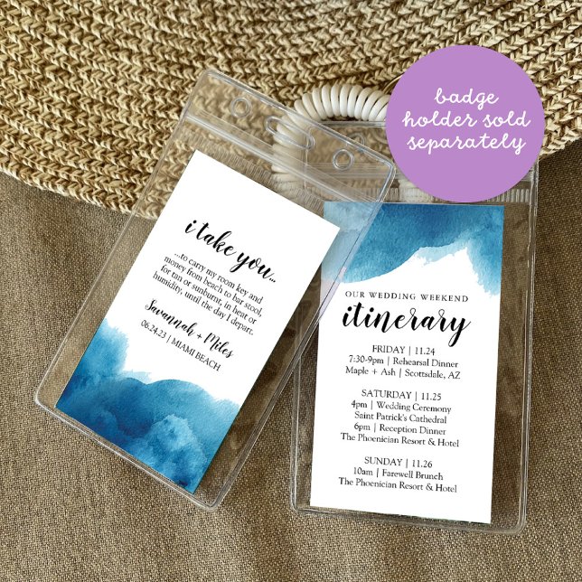 Vattenfärgsblå vågbrytare - symbol för infogning visitkort (Watercolor Blue Wedding Itinerary Key Card Badge Holder)