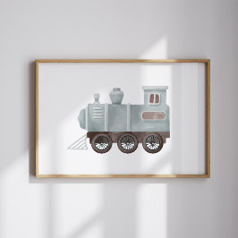 Vattenfärgsblå vintage blå tåg-daghemmet poster