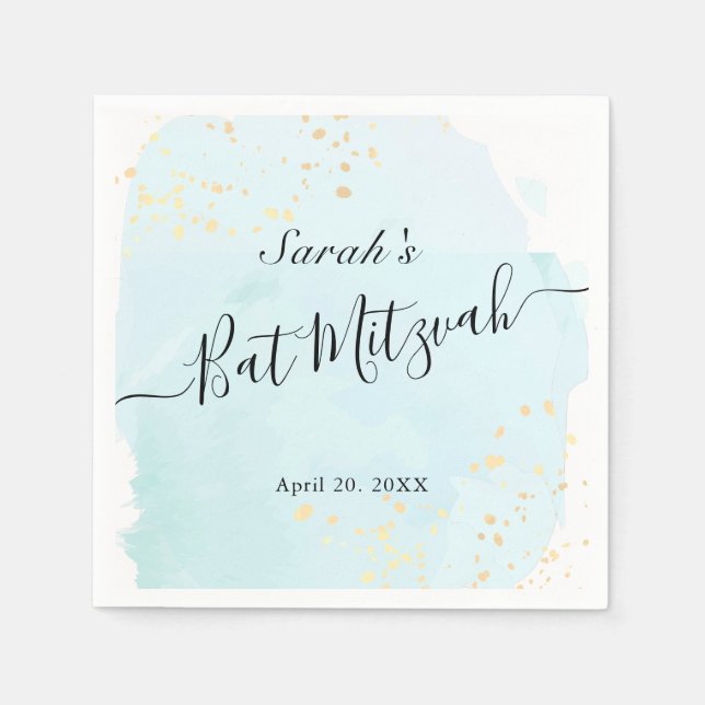Vattenfärgsblå x Guld Bat mitzvah blöjor Pappersservett (Framsidan)
