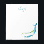 Vattenfärgsblåaktig Personlig, lager Anteckningsblock<br><div class="desc">Den här personligen har en "ahoy" i ord som är uppsatt i turkos med blått handskript, typografi med min ursprungliga vattenfärgskonst i blåval. Den här nautiska designen kan vara personlig att inkludera ditt namn eller monogram. Perfekt för strandtemat party favors eller dina sommaranteckningar. Om du vill se fler design som...</div>