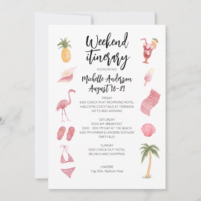 Vattenfärgsblad Beach Birthday Helg Itinerary Inbjudningar (Framsida)
