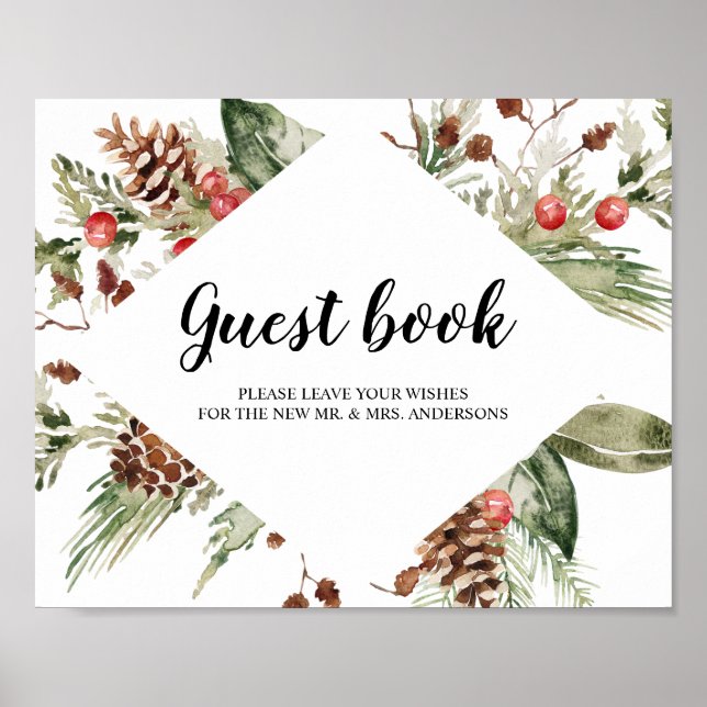 Vattenfärgsblad Winter Grönt Gräs Träd & Gräs Cone Poster (Framsidan)