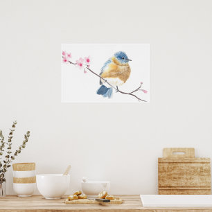 Vattenfärgsblåfågel på en körsbärsblåfågel blommar poster
