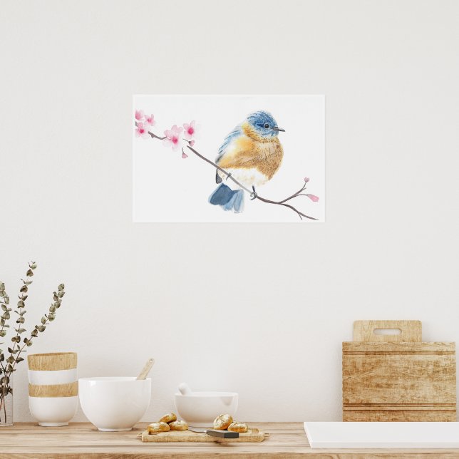 Vattenfärgsblåfågel på en körsbärsblåfågel blommar poster (Kök)