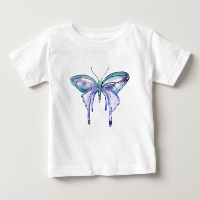 Vattenfärgsblått Aqua Lila butterfly T-shirt (Framsida)