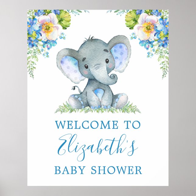 Vattenfärgsblått Blommigt Baby Elephant Baby Showe Poster (Framsidan)