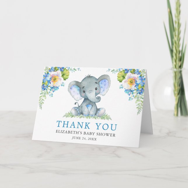 Vattenfärgsblått Blommigt Elephant Baby Shower - f Tack Kort (Framsida)