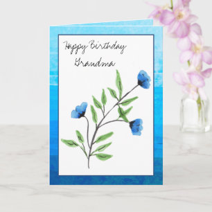 Vattenfärgsblått Blommigt Grattis på födelsedagen  Kort