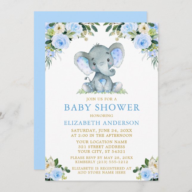 Vattenfärgsblått Blommigt Guld Baby Shower Elephan Inbjudningar (Fram/baksida)