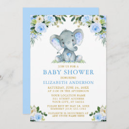 Vattenfärgsblått Blommigt Guld Baby Shower Elephan Inbjudningar