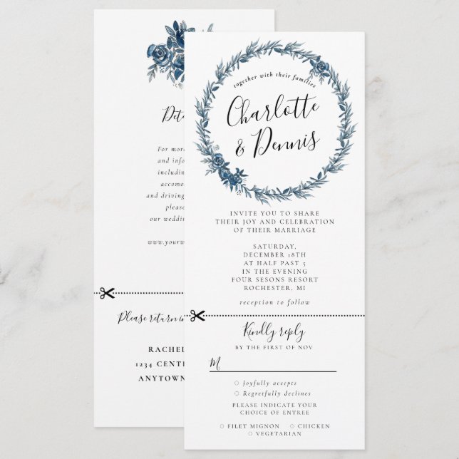 vattenfärgsblått blommigt krans med osa fäst inbjudningar (Fram/baksida)