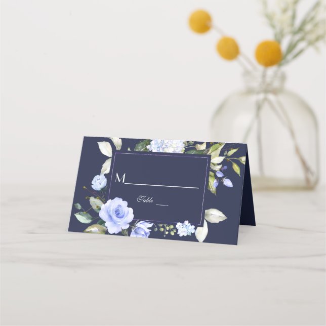 Vattenfärgsblått Blommigt Ram Bröllop Bordsnummer Placeringskort (Framsida)