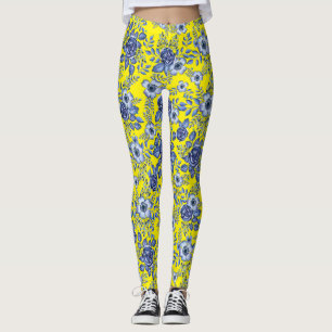 Vattenfärgsblått Blommönster B Gult BG Leggings