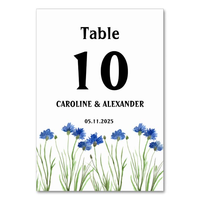 Vattenfärgsblått Cornblommor Wildblommor Bröllop Bordsnummer (Framsidan)