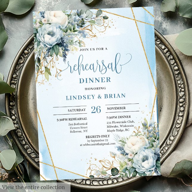 Vattenfärgsblått Dusty Blue Blommigt Guld Ram Midd Inbjudningar (Watercolor Dusty Blue Floral Gold Frame Dinner Card)