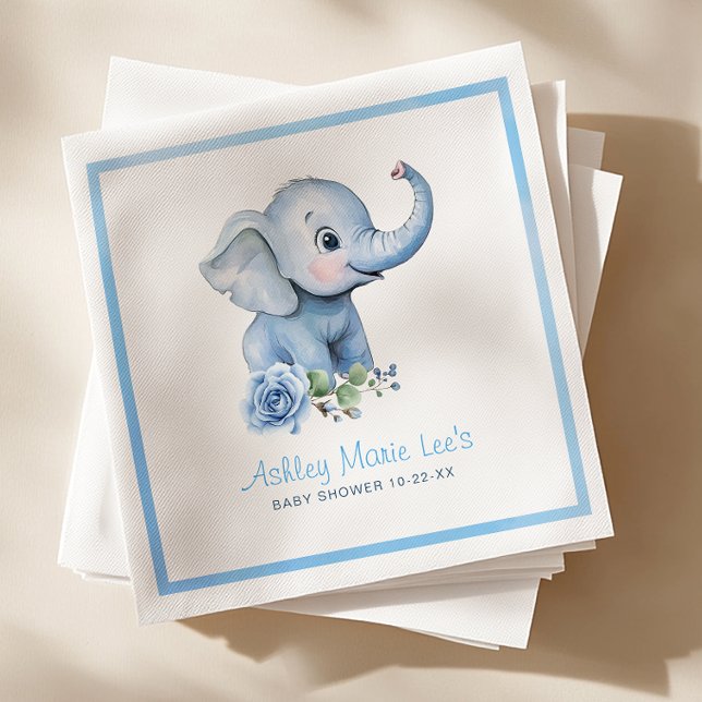 Vattenfärgsblått elefant babybabblöjor - Klipp ut Pappersservett (Elephant Baby Shower Napkin)