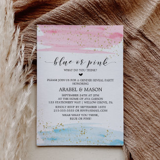Vattenfärgsblått eller Rosa Gender Reveal Party Inbjudningar