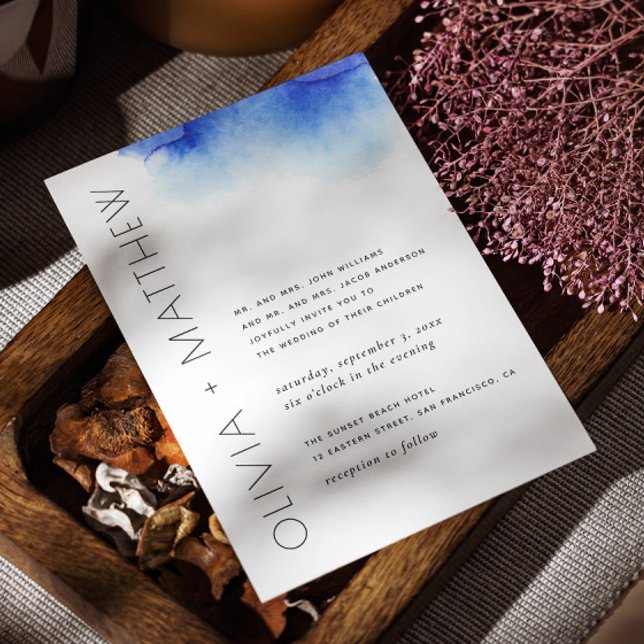 Vattenfärgsblått enkelt modernt bröllop inbjudningar (Skapare uppladdad)