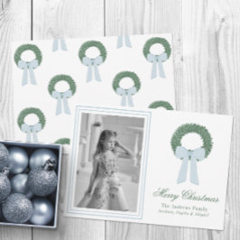 Vattenfärgsblått Gingham Sash Wand Photo Julkort