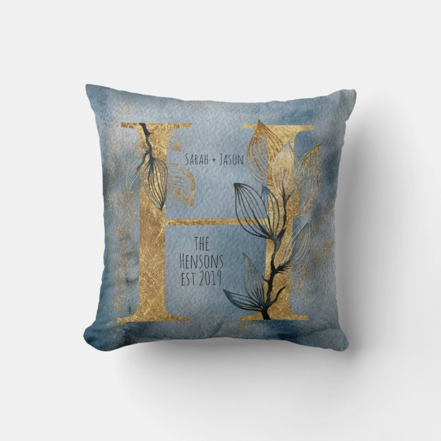 Vattenfärgsblått Grått Guld H Monogram Dekorativ k Kudde (Framsida)