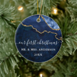 Vattenfärgsblått Guld-marmor, agate Geode Bröllop Julgransprydnad Keramik<br><div class="desc">Modern Elegant Watercolor Blue och Guld Marble Agate Geode Vår första julklapp Bröllop</div>